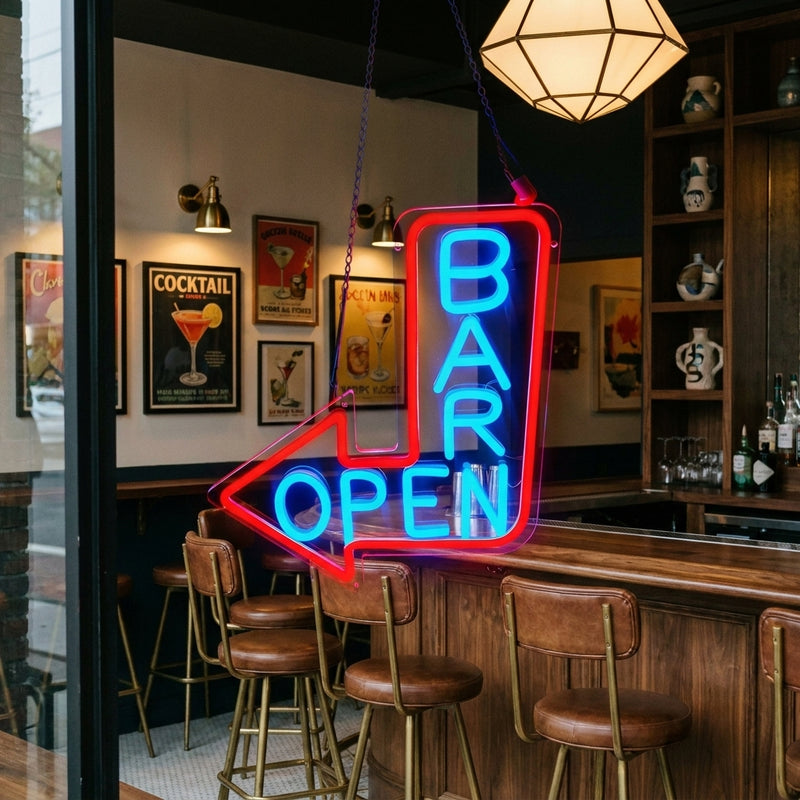 Acrylic Neon BAR OPEN Arrow Sign - lifestyle 1