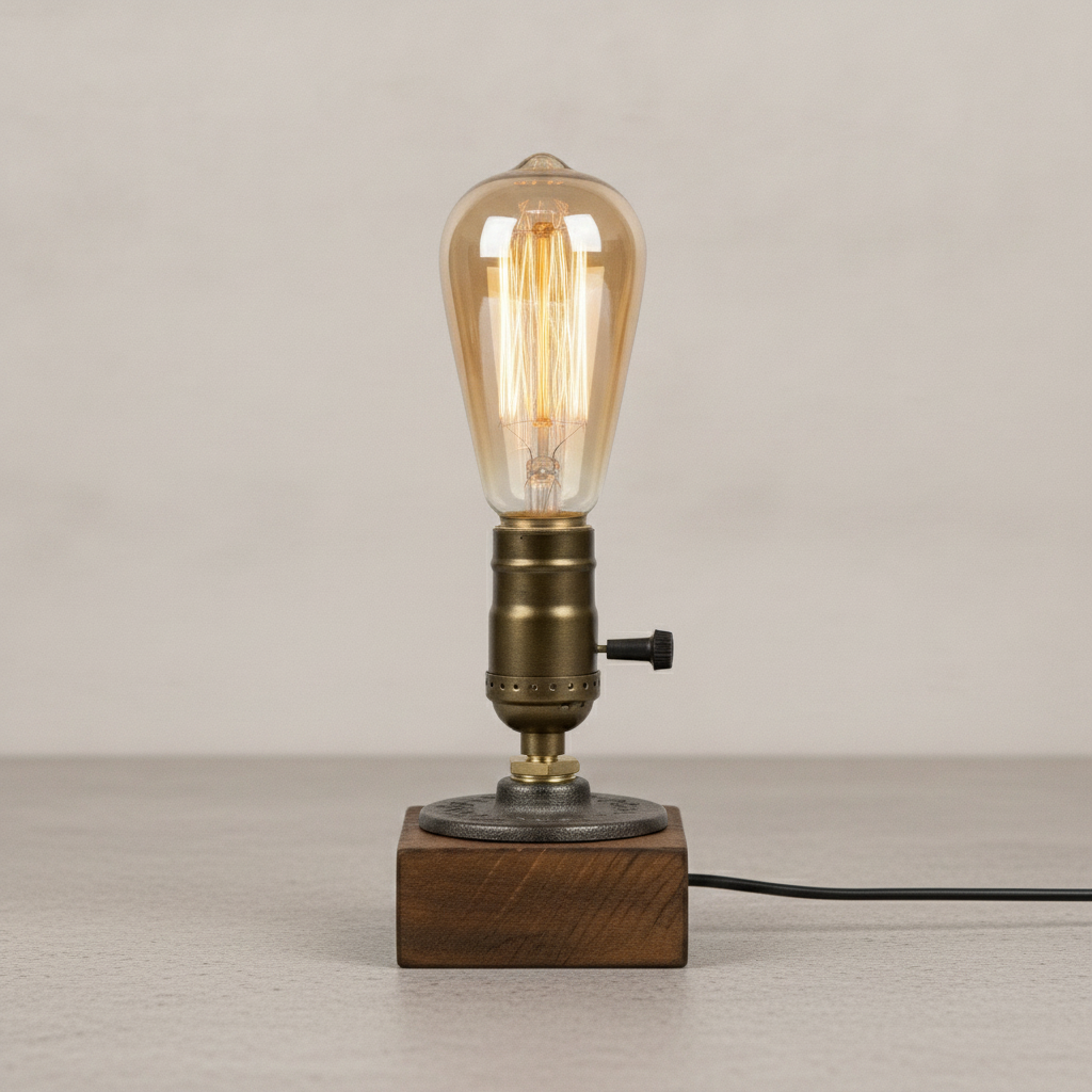 Vintage Wood Industrial Table Lamp - A60 LED Bulb