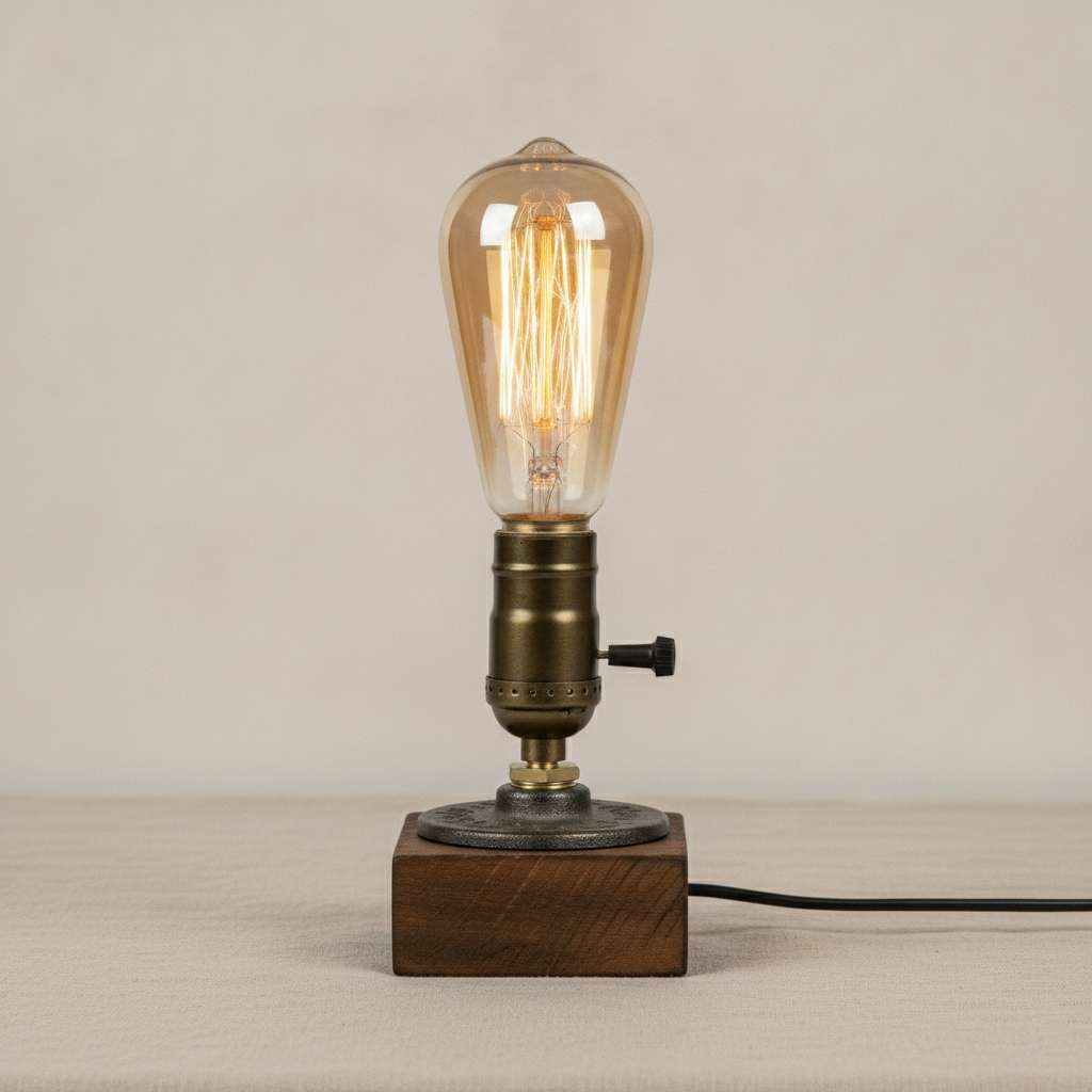 Vintage Wood Industrial Table Lamp - ST64 LED Bulb