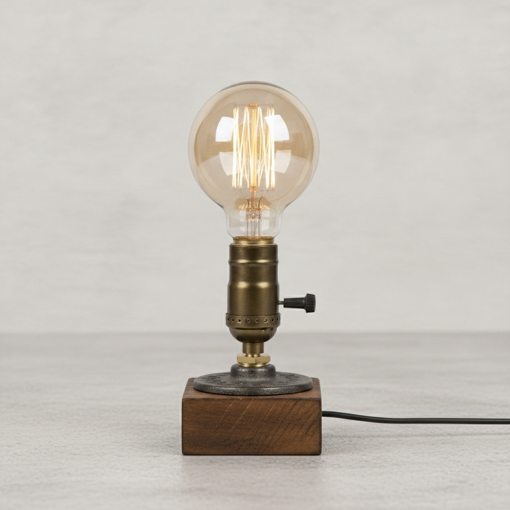 Vintage Wood Industrial Table Lamp - G80 LED Bulb