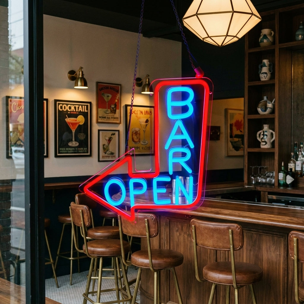 Acrylic Neon BAR OPEN Arrow Sign - lifestyle 1