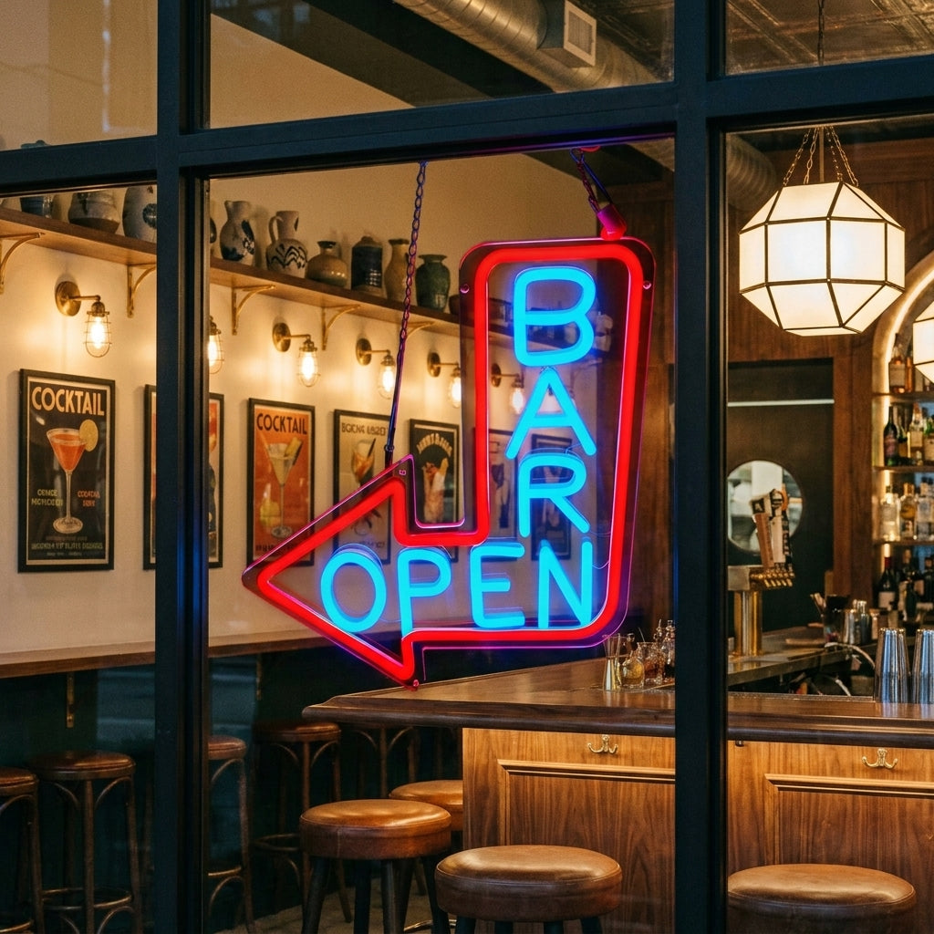 Acrylic Neon BAR OPEN Arrow Sign - lifestyle 2