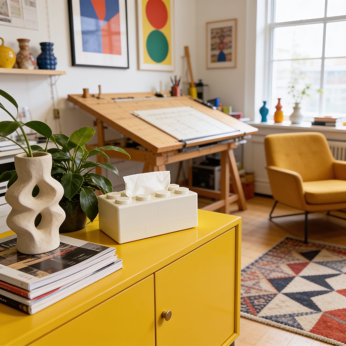 Building Block Tissue Box in home office close-up