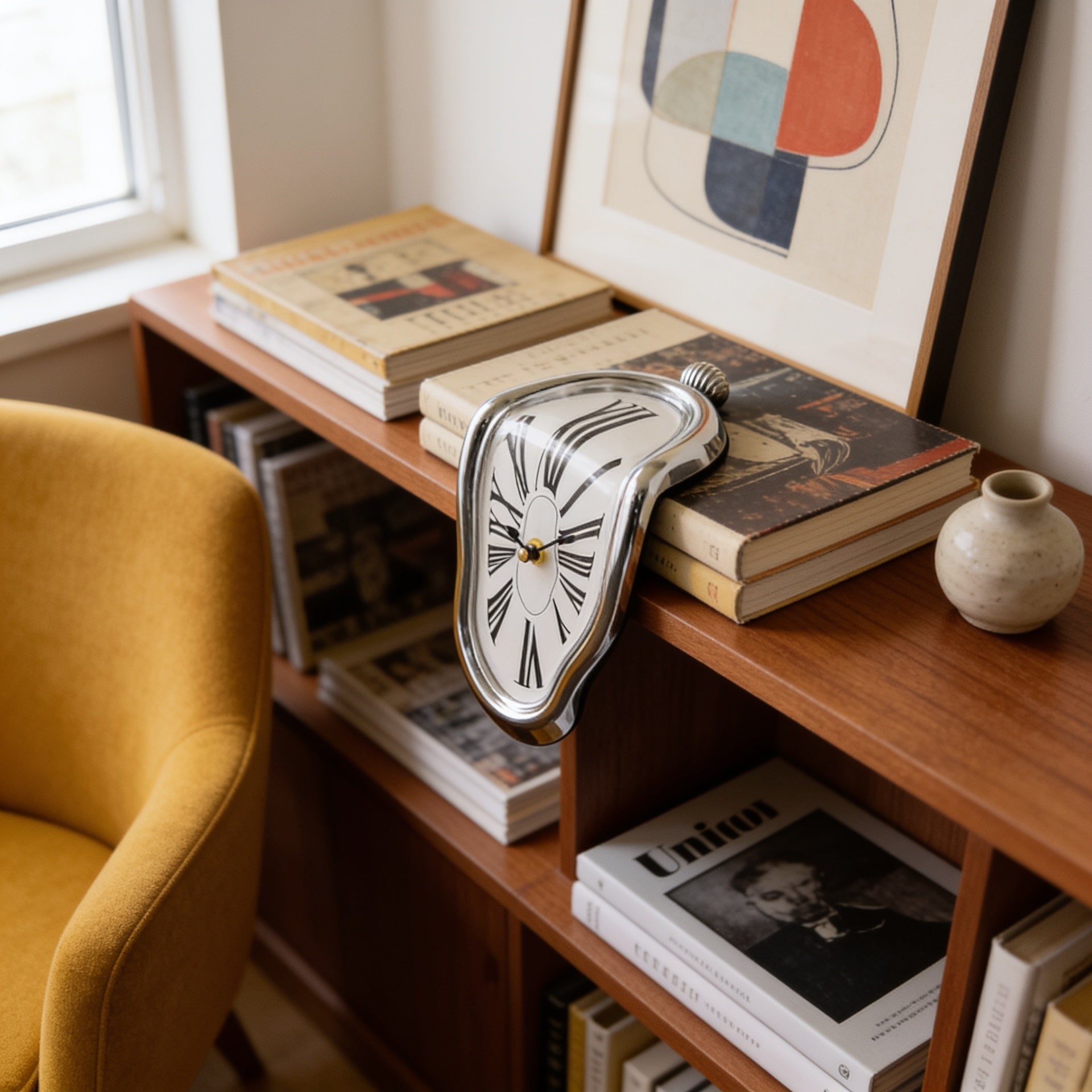 Surreal Melting Shelf Clock in living room close-up