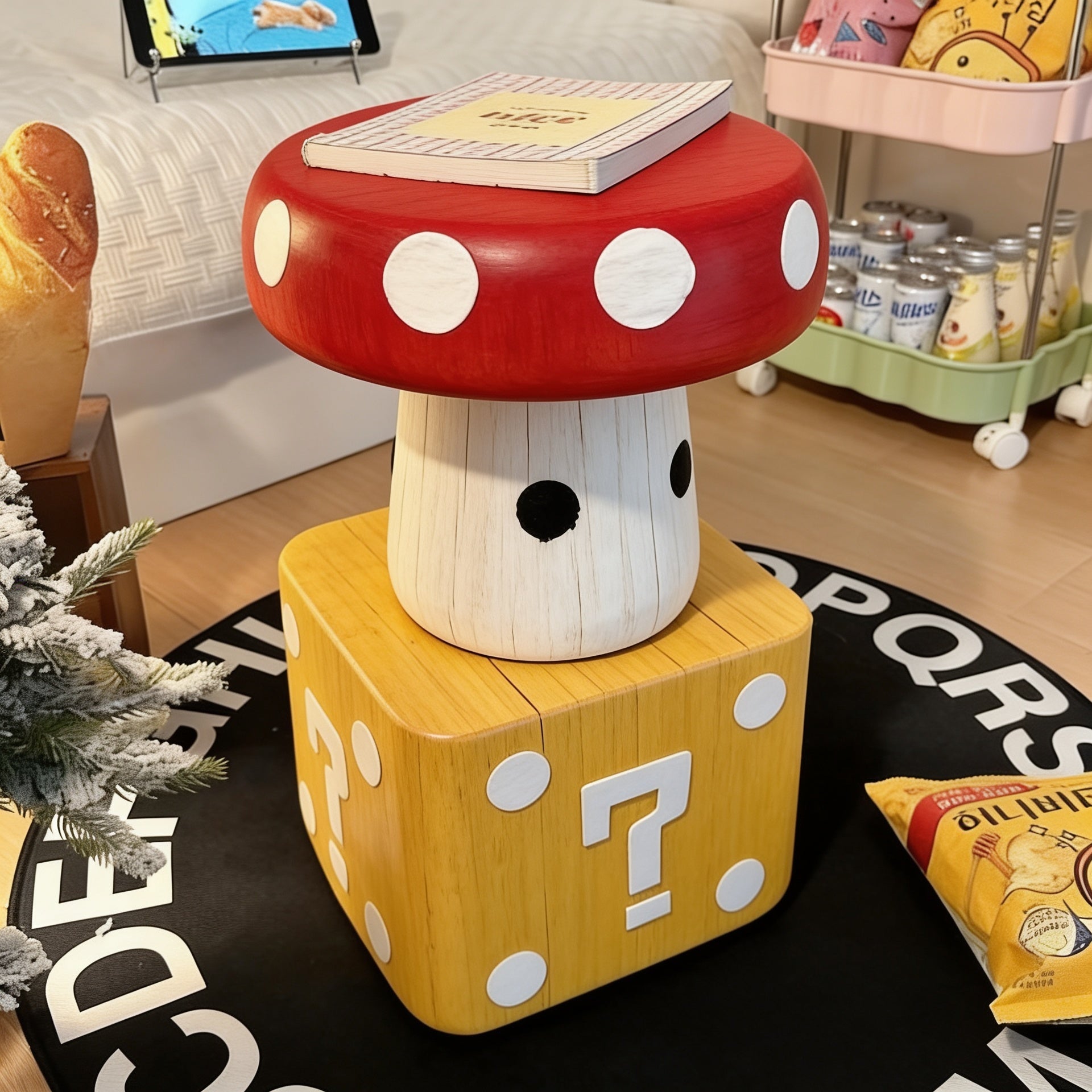 Solid Wood Mushroom Dice Stool Bench — wide room shot
