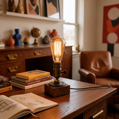 Vintage Wood Industrial Table Lamp lifestyle close-up