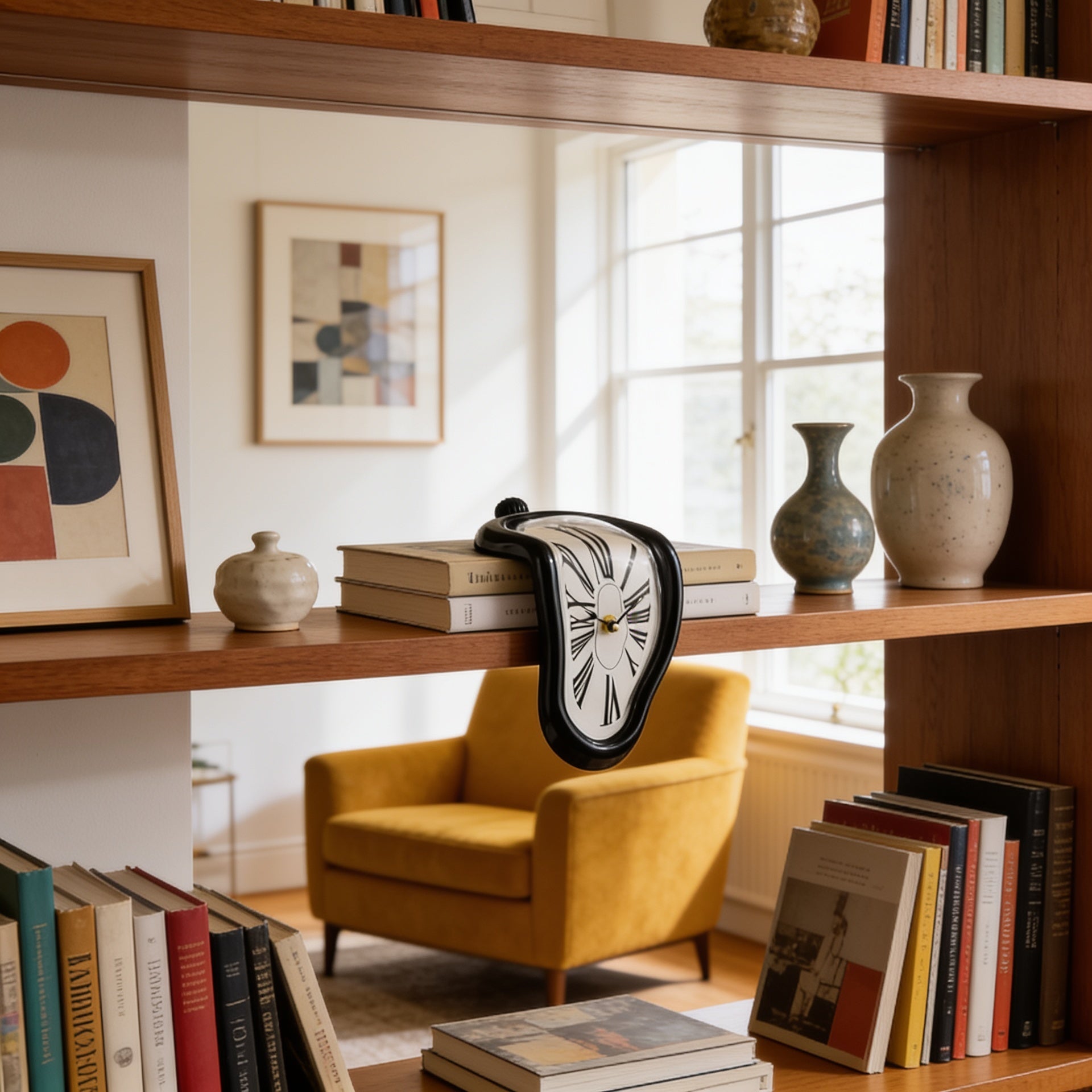 Surreal Melting Shelf Clock in living room mid