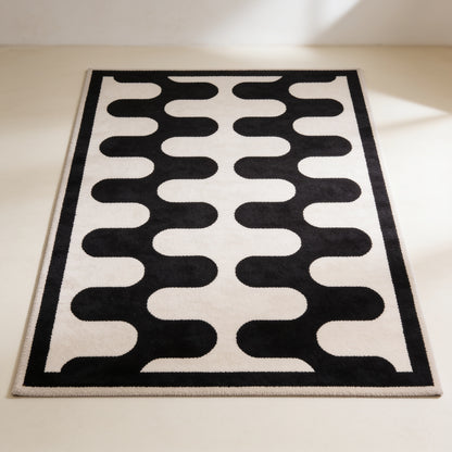 Modern Wavy Geometric Rug — Black & White