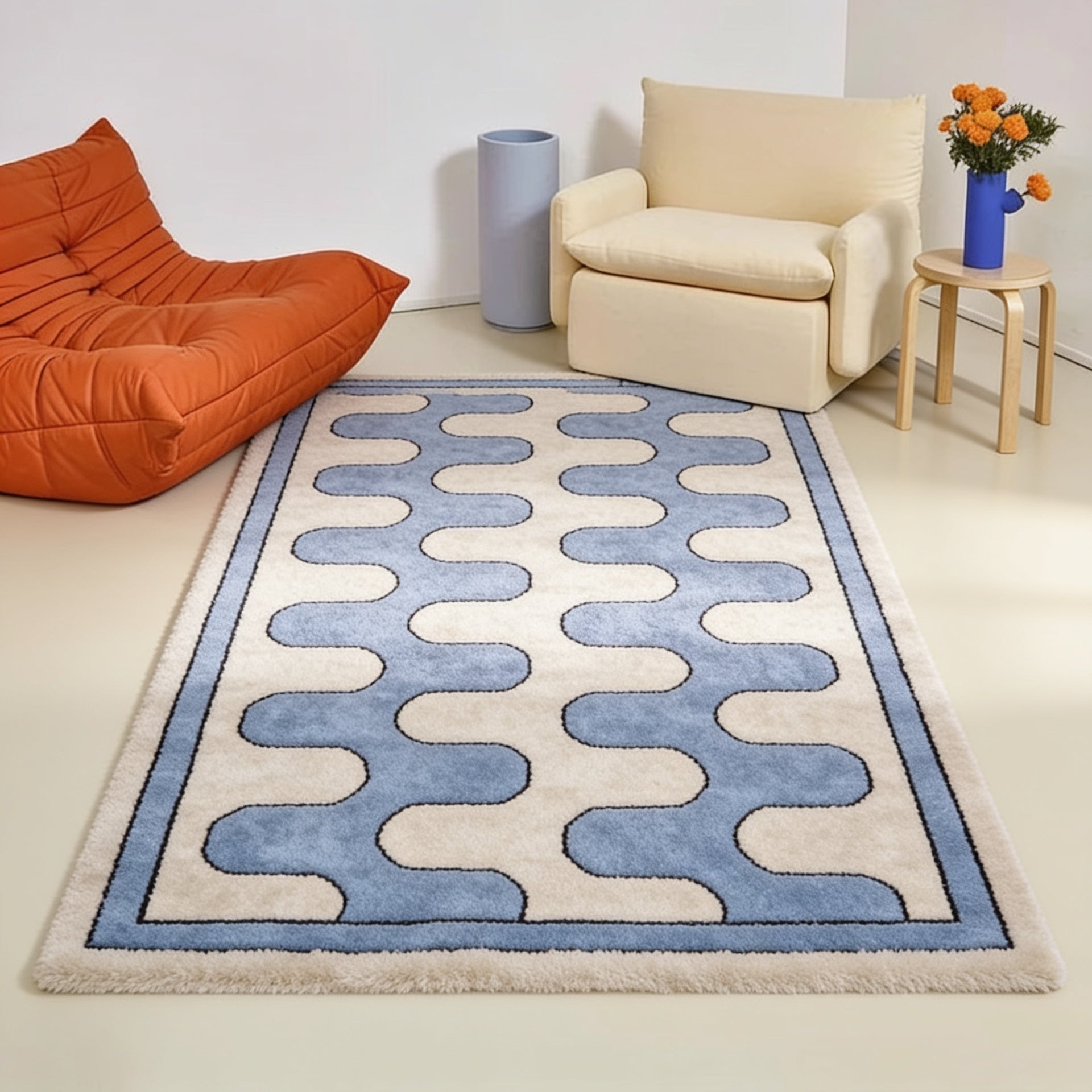 Modern Wavy Geometric Rug — wide room shot